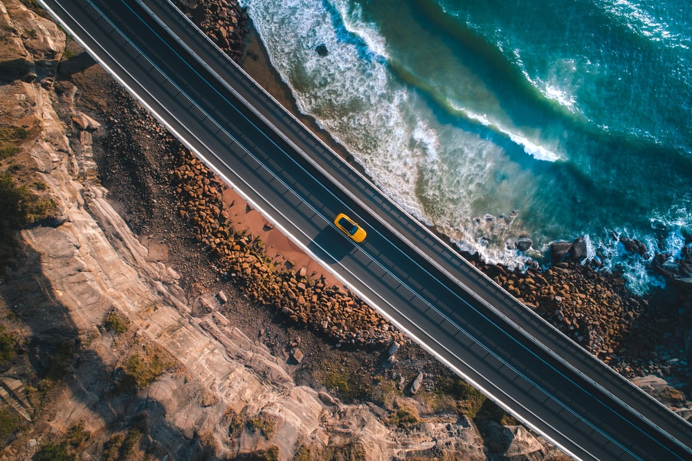 bird's eye view of car in highwa y